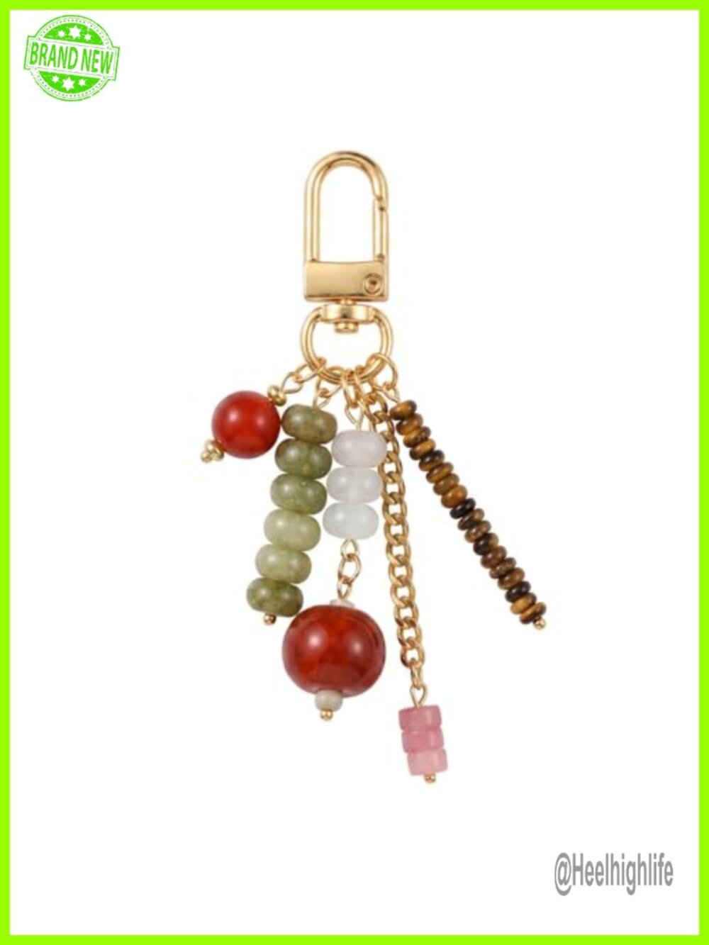 Handmade Natural Stone Beaded Keychain Gold Plated Hardware Boho Bag Charm